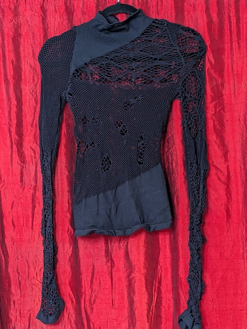 Unique Mock Turtleneck Fishnet Distressed One Size Long Sleeve Top